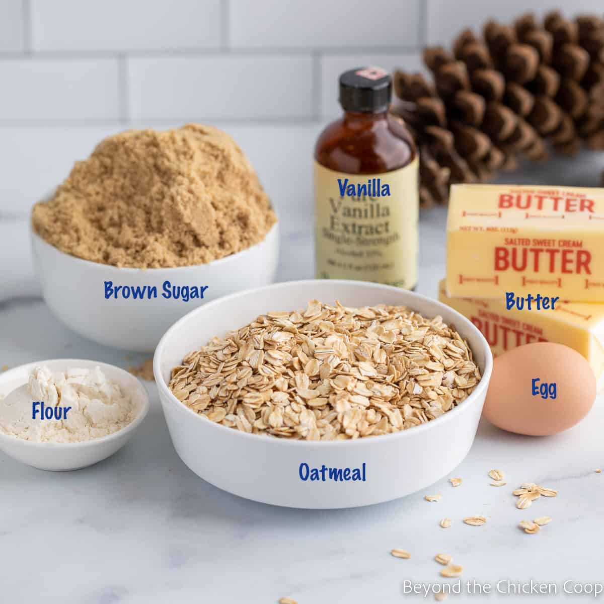 Bowls of ingredients for cookies.