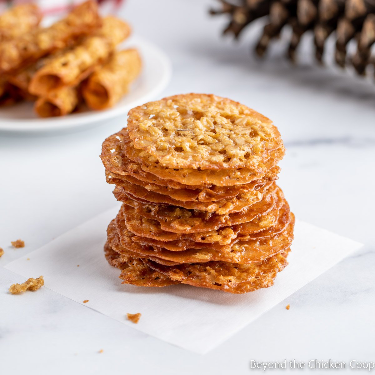 A stack of oatmeal lace cookies.