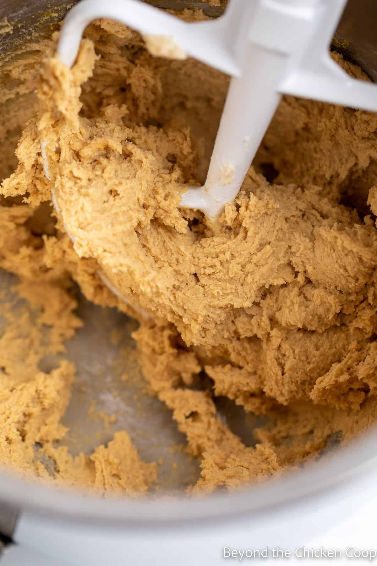 Cookie dough in a mixing bowl. 