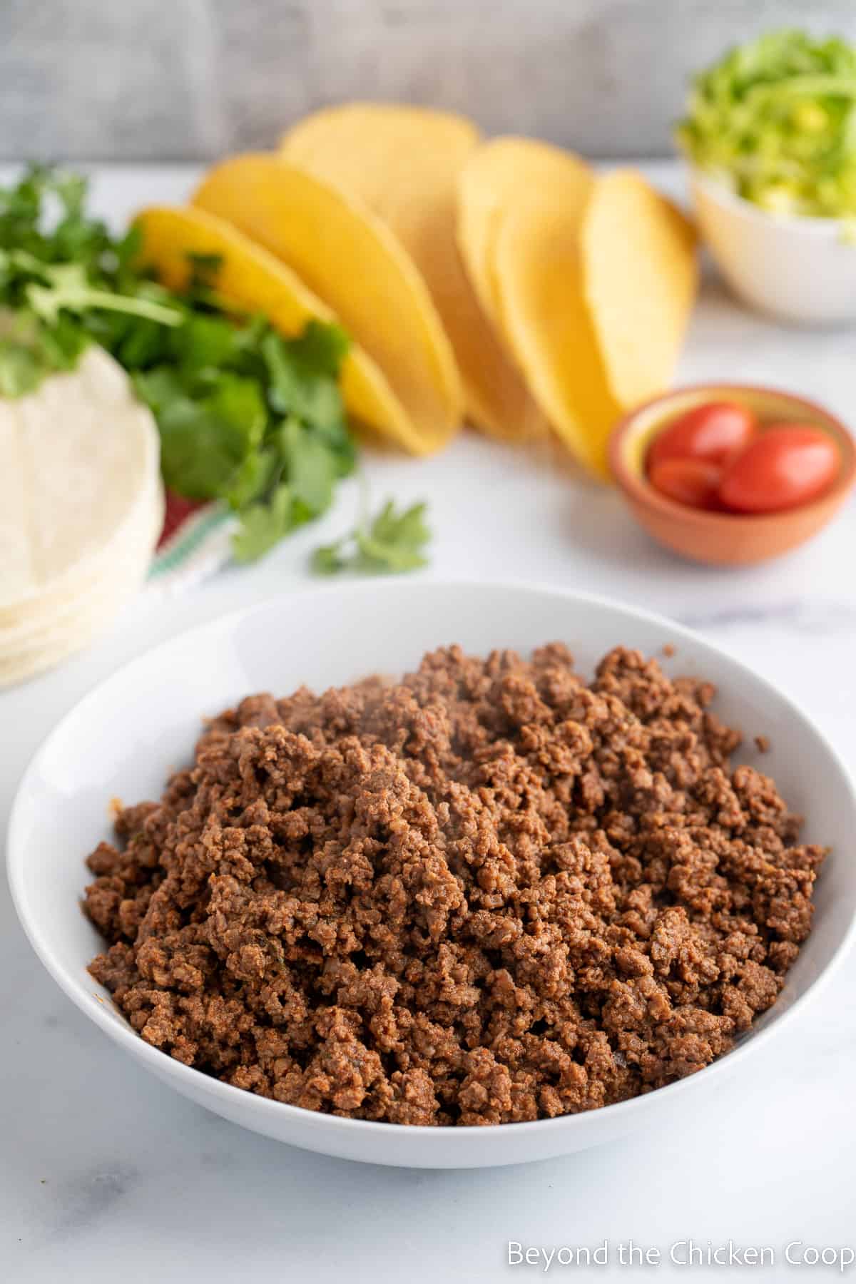 Taco meat in a white bowl. 