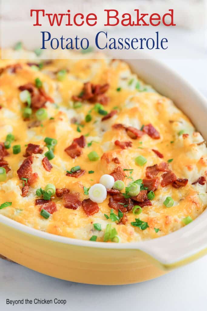 Potato casserole in a yellow dish.