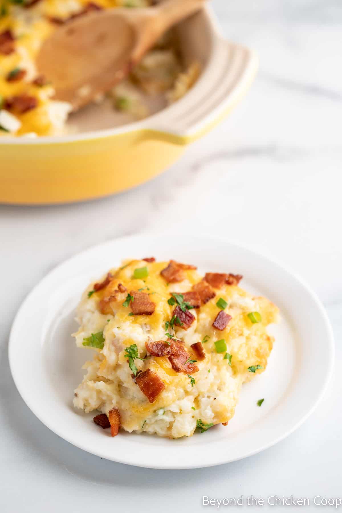 Mashed potatoes with bacon and green onions on a plate. 