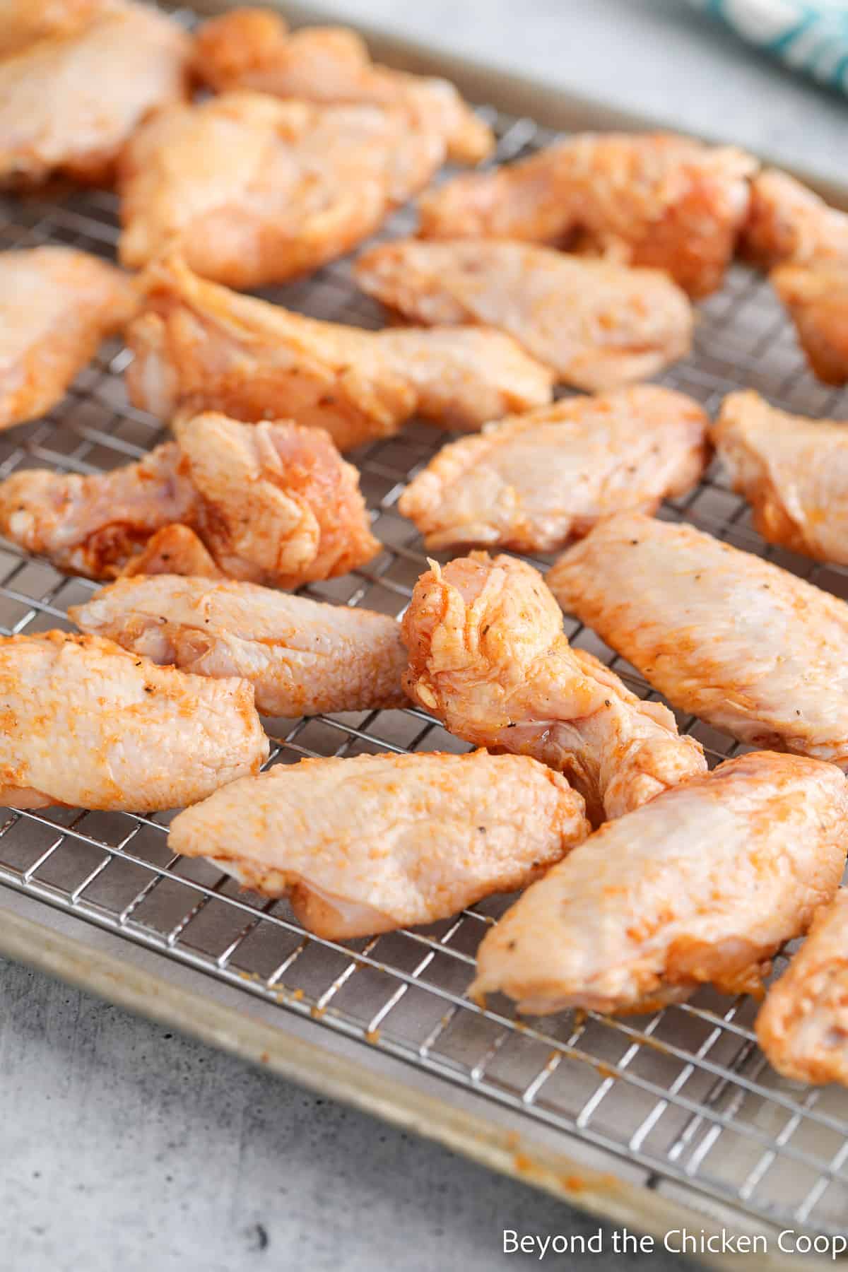Chicken wings on a baking rack.