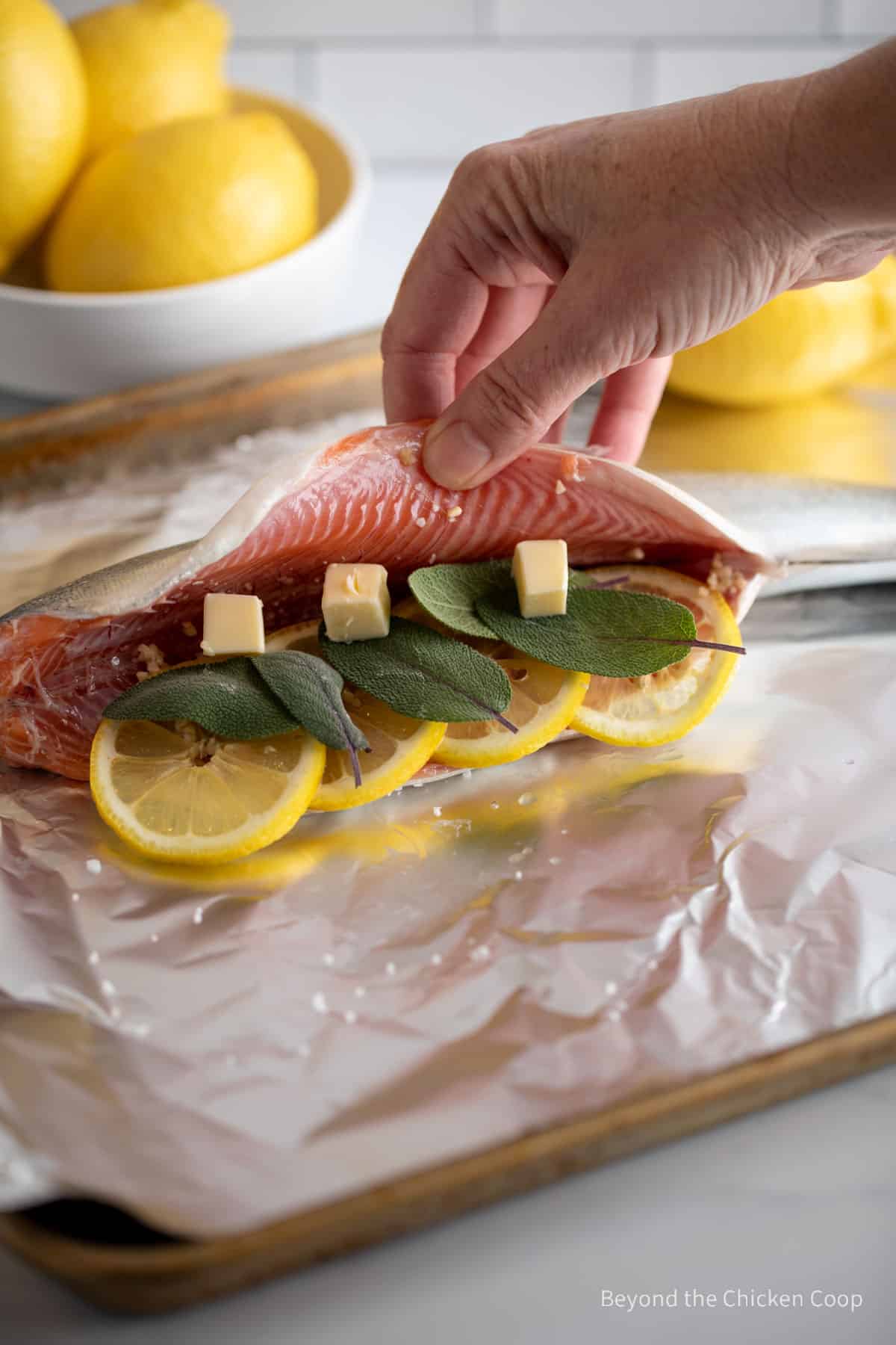 Whole trout filled with lemon, sage and butter. 