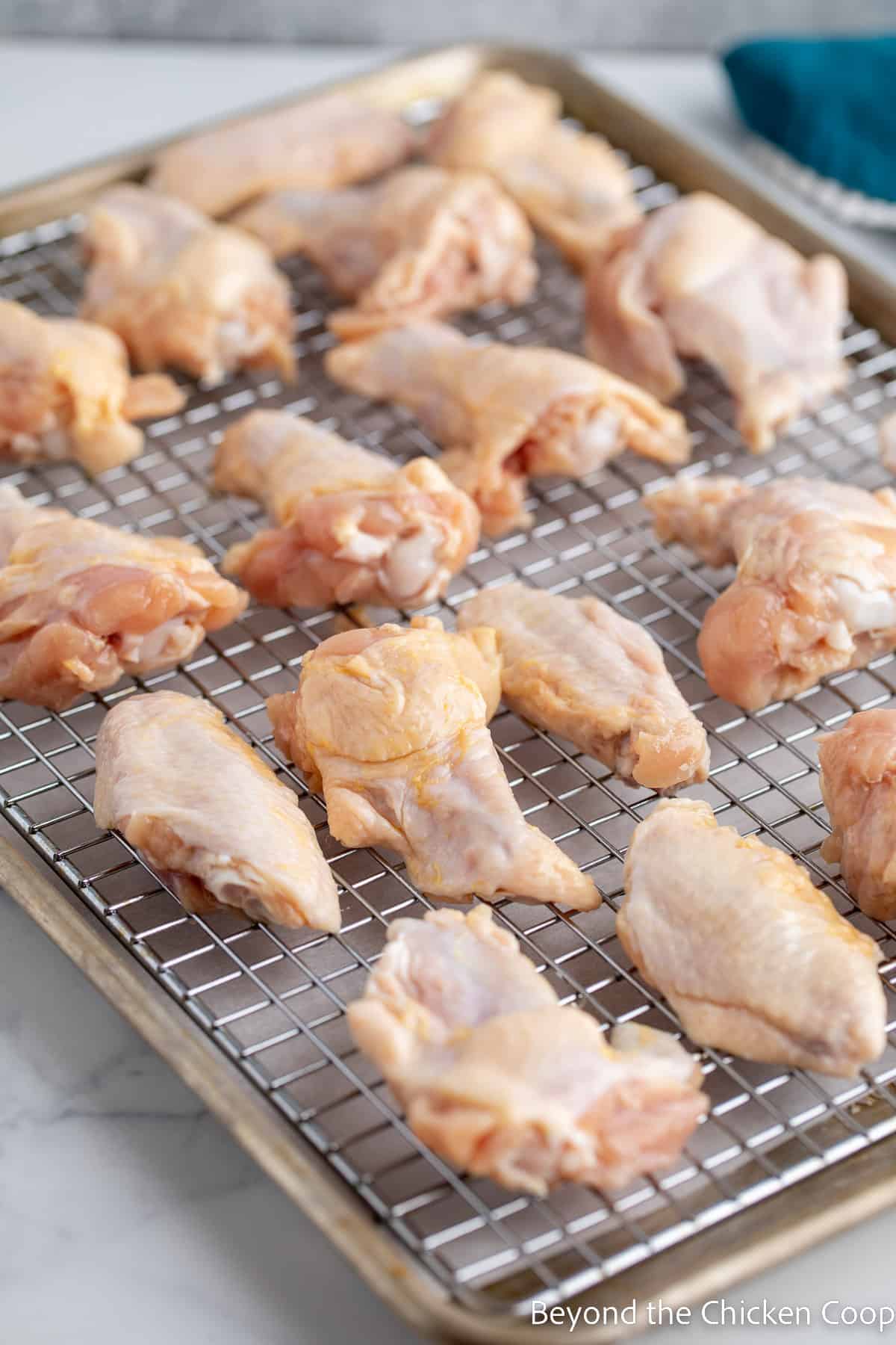 Wings on a baking rack. 