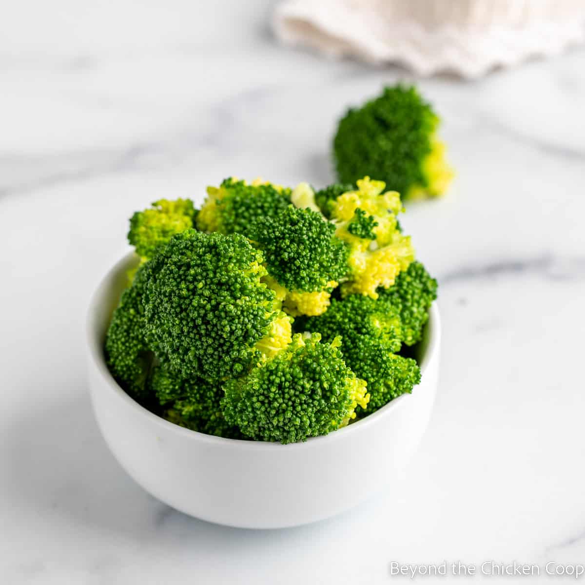 A bowl filled with blanched broccoli. 