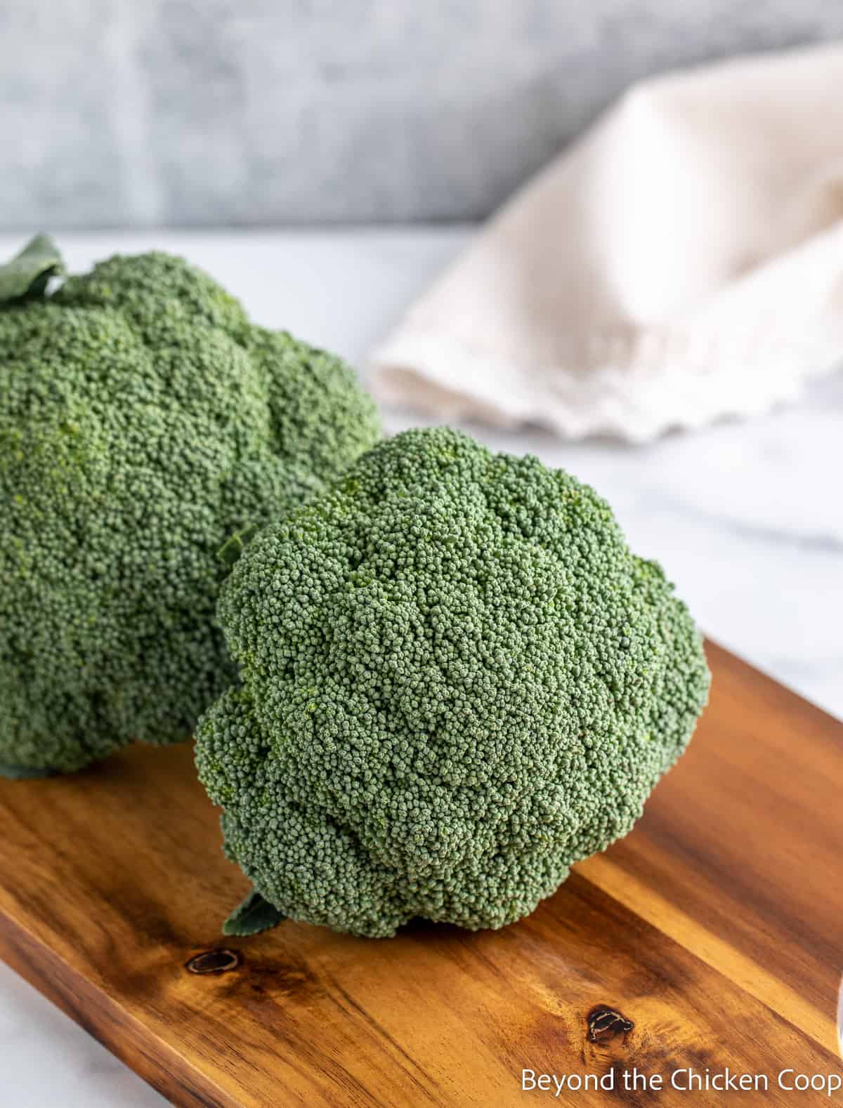 Heads of broccoli on a cutting board. 