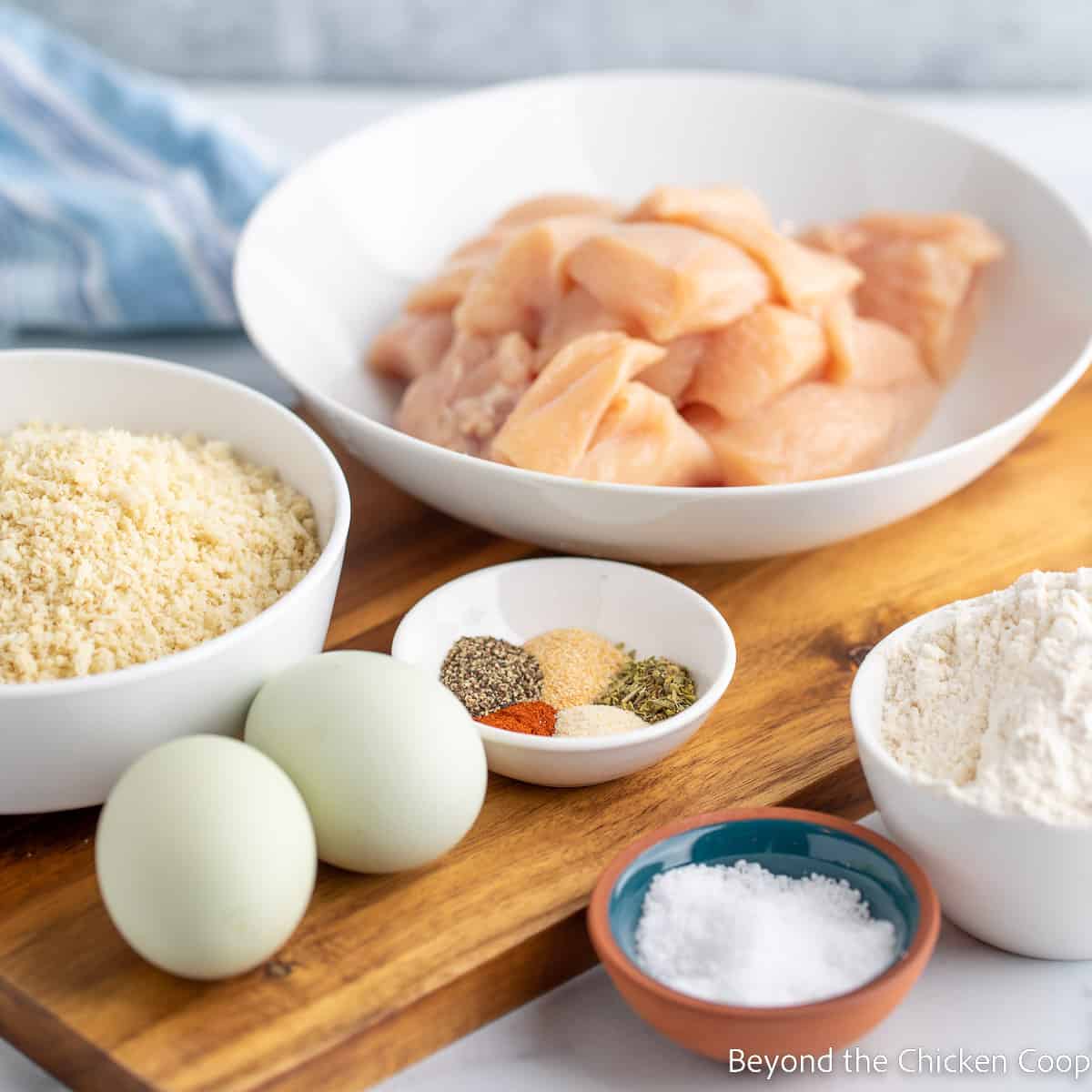Ingredients for making chicken nuggets. 