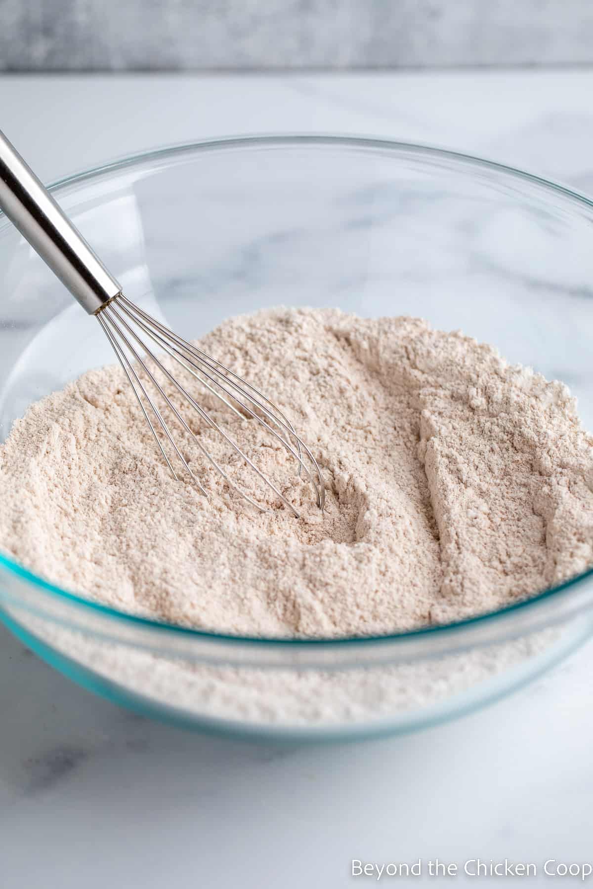 Flour mixture in a large glass bowl. 