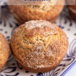 Cinnamon sugar muffins on a blue and white plate.