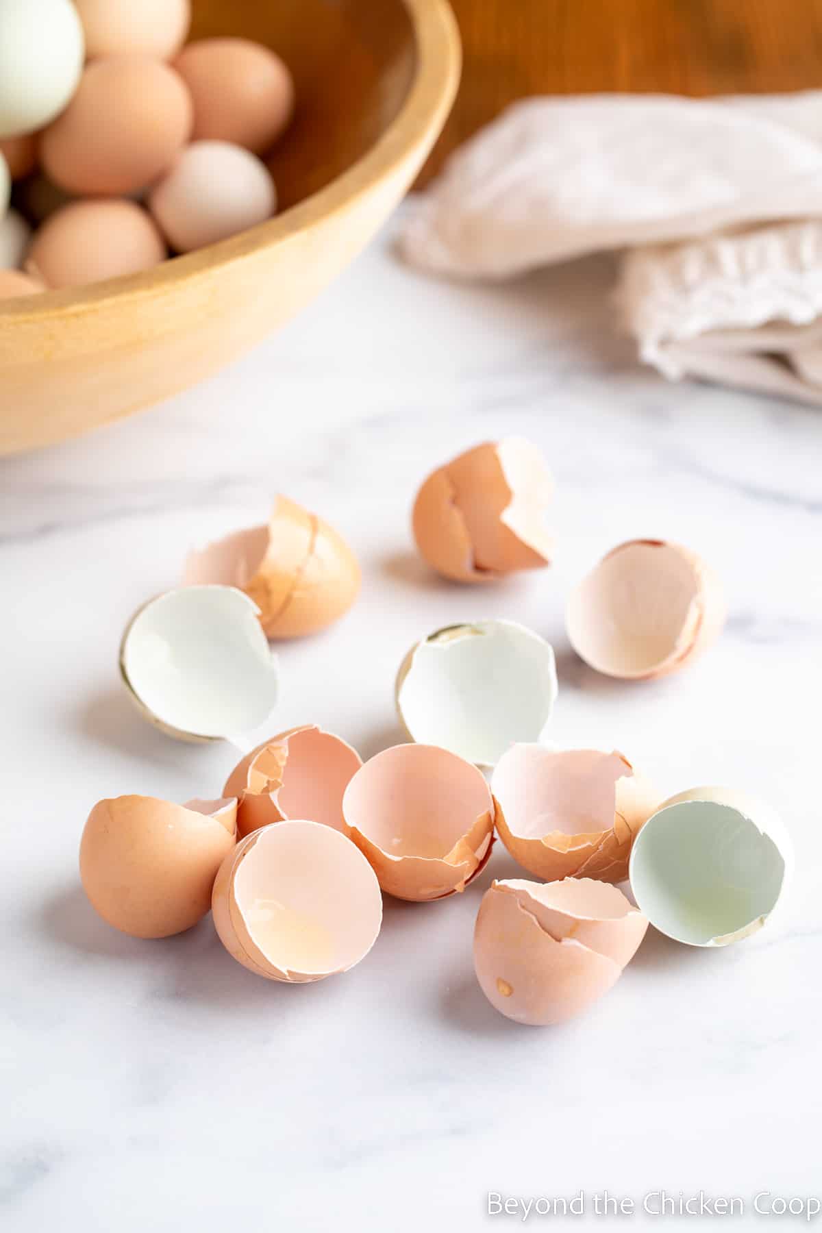 Egg shells on a marble surface. 
