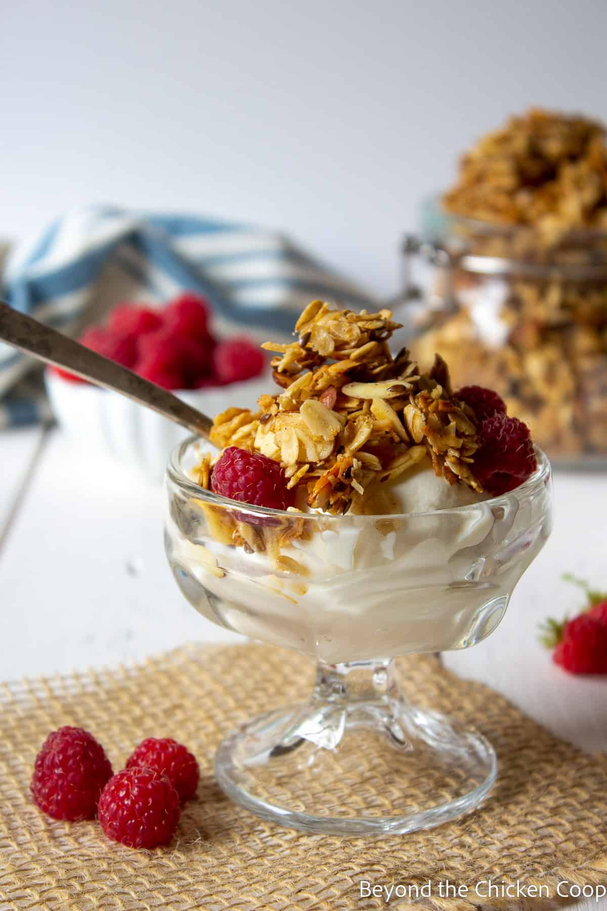 A yogurt parfait topped with granola and raspberries. 