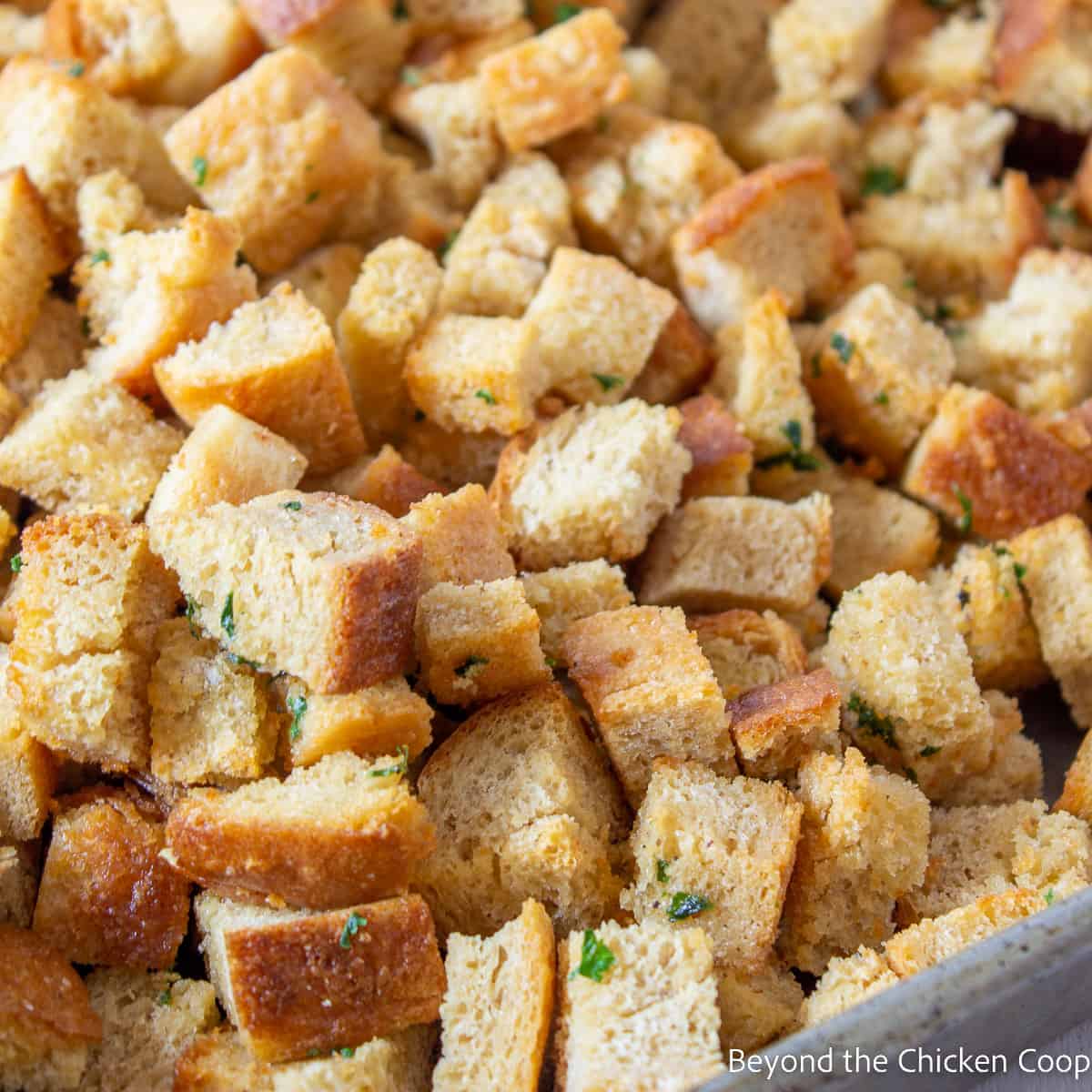 Cubed croutons in a metal baking dish. 