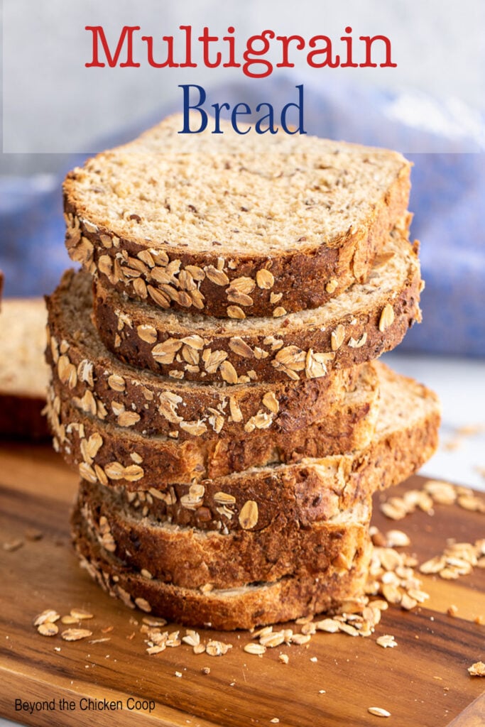 Sliced bread stacked into a tower.