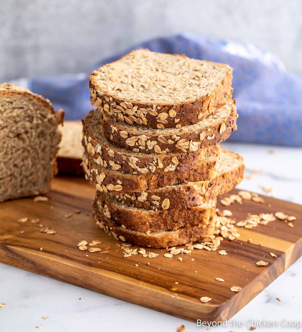 Sliced bread stacked into a tower. 