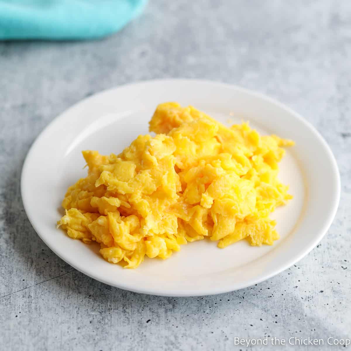 Scrambled eggs on a white plate.