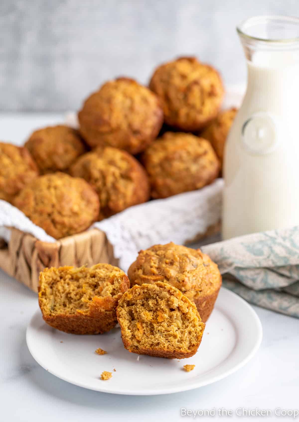 Muffins on a small plate with a basket of muffins behind the plate. 