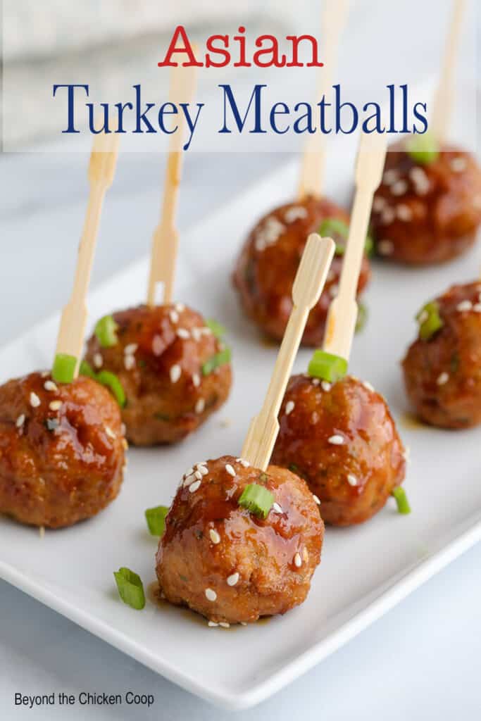 Small meatballs with toothpicks on a white platter.