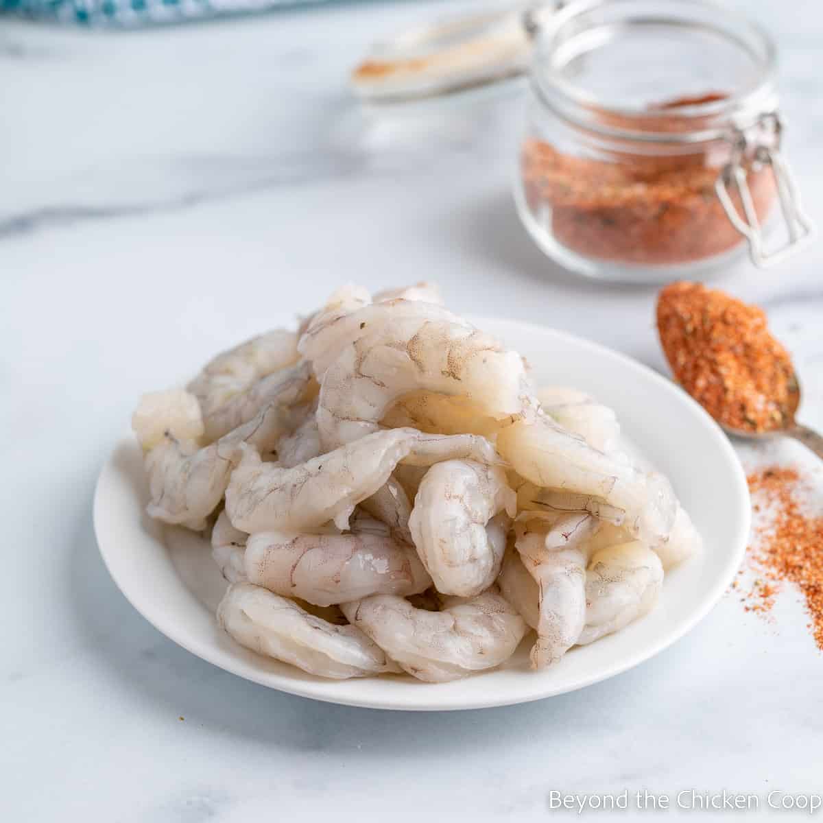 Raw shrimp on a plate with a spoonful of seasoning next to the shrimp. 