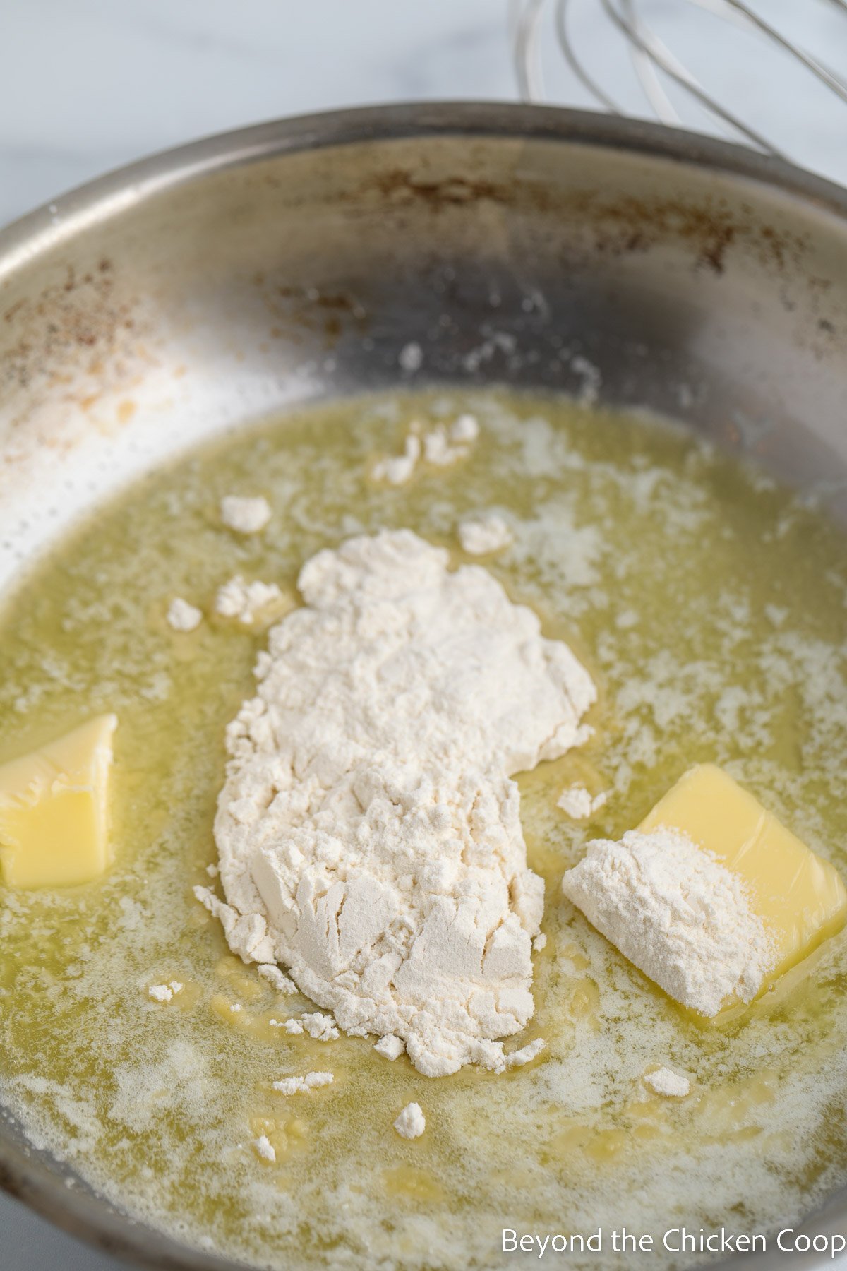 Flour and butter in a saute pan. 