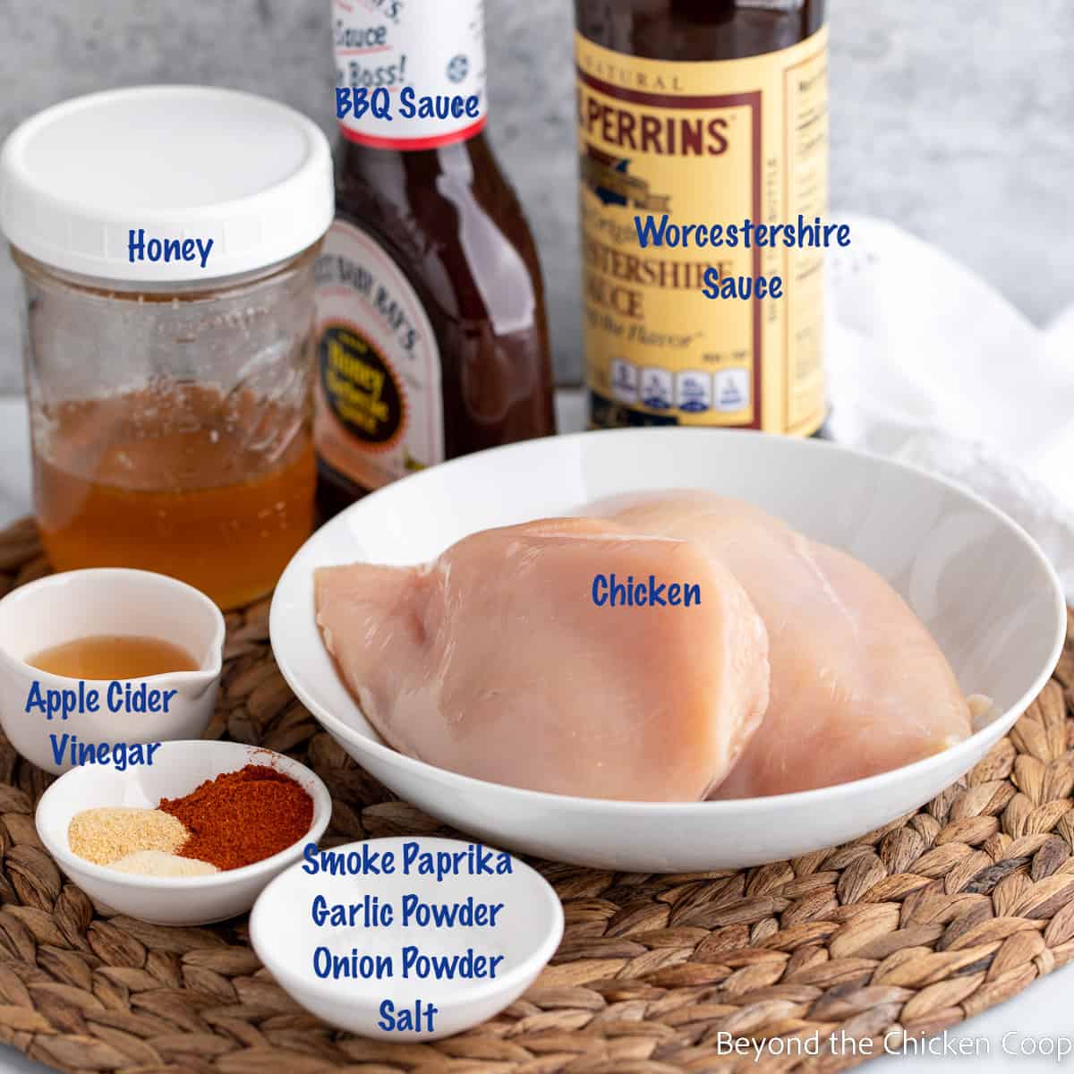 Ingredients for making barbecue shredded chicken.