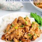 A plate with rice, chicken and sugar snap peas.