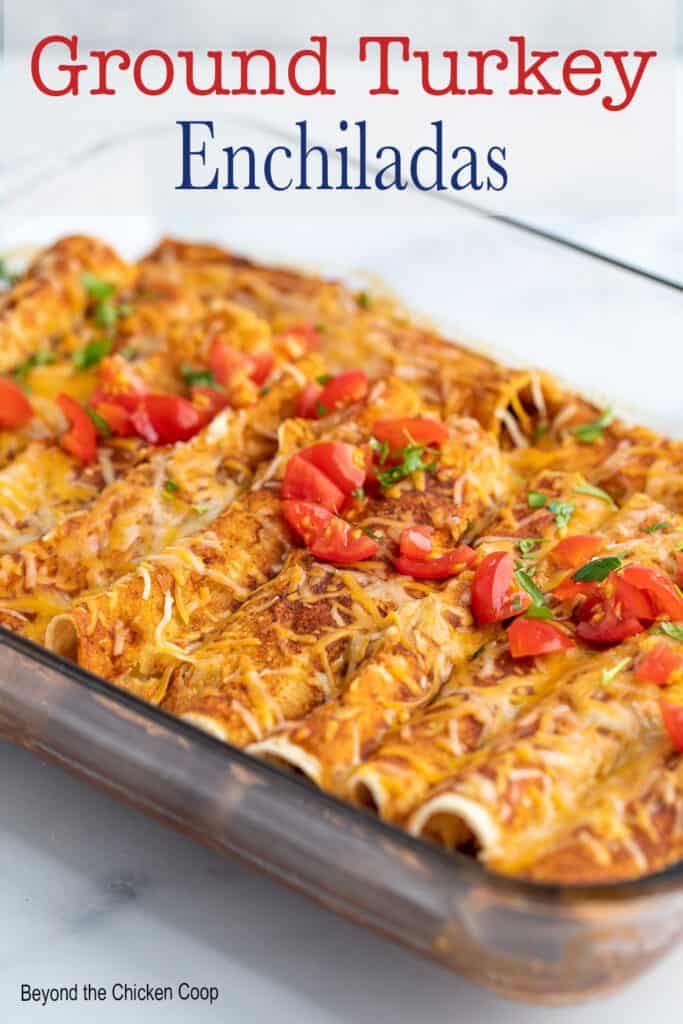 Enchiladas in a baking dish.