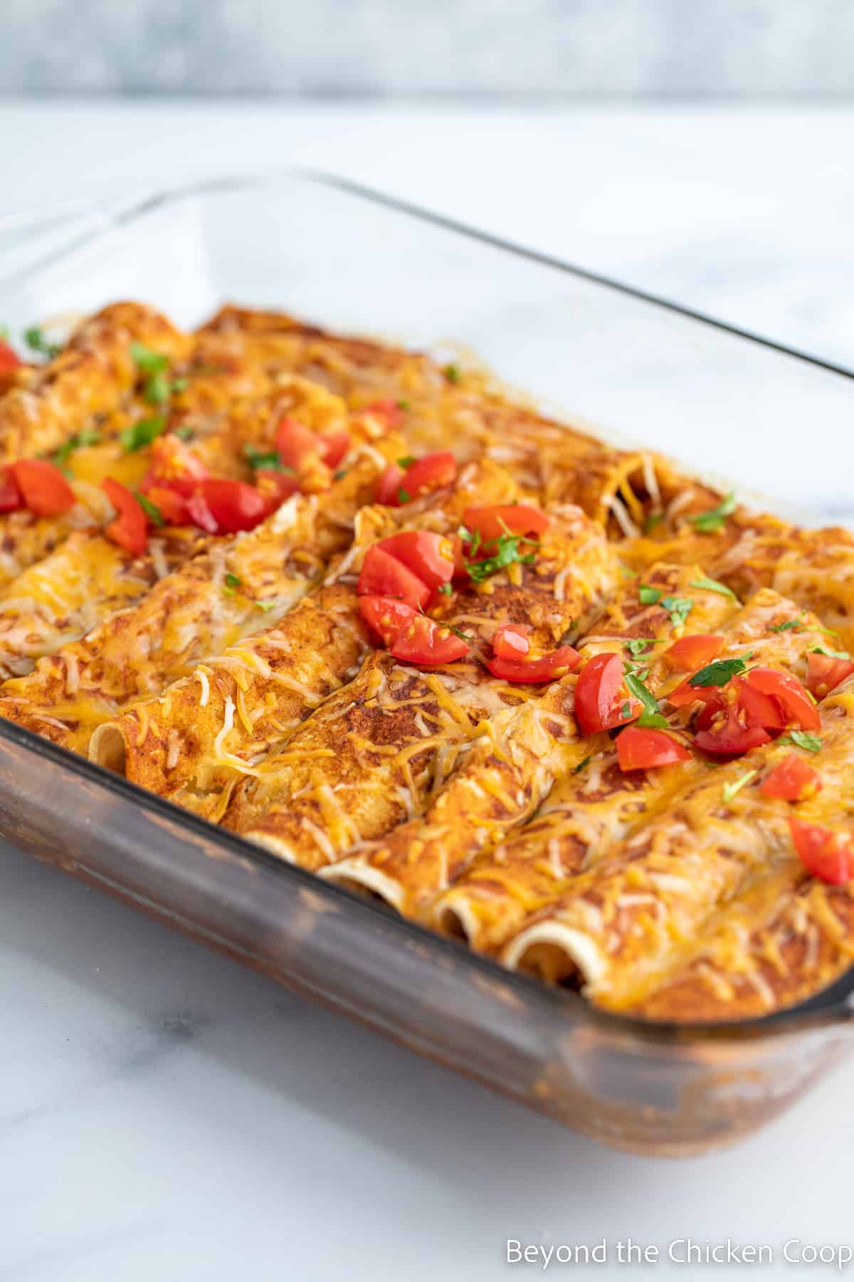 Enchiladas topped with diced tomatoes in a glass baking dish. 