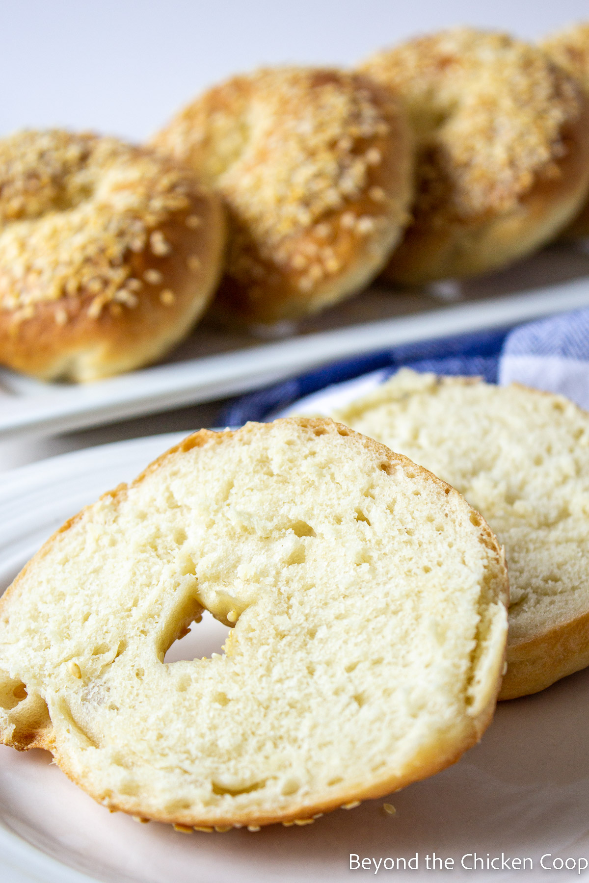 A bagel cut in half on a plate. 