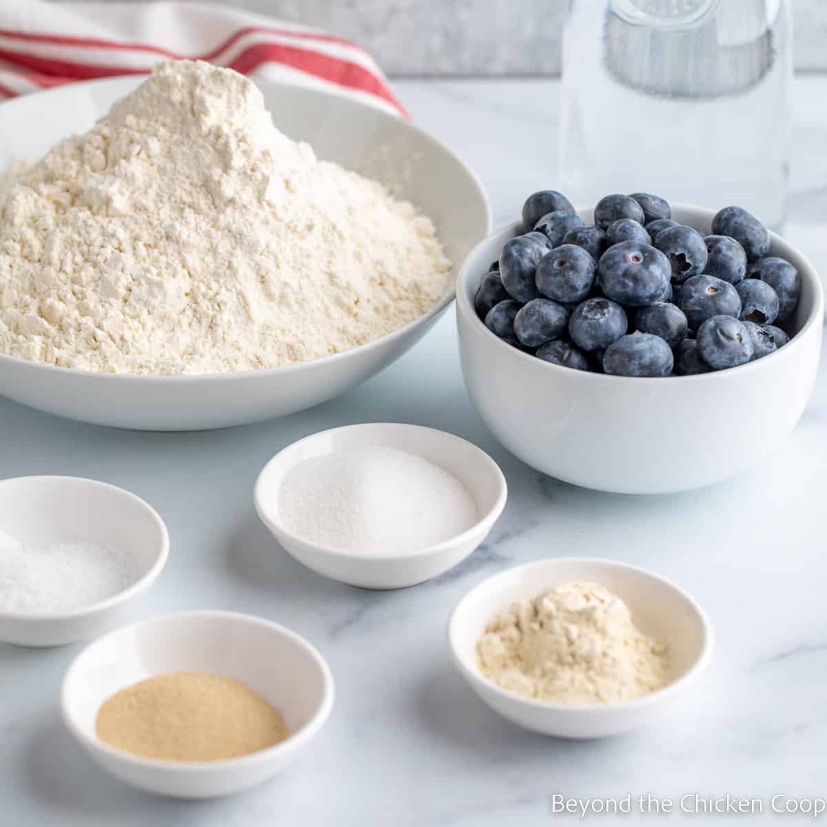 Ingredients for making blueberry bagels. 