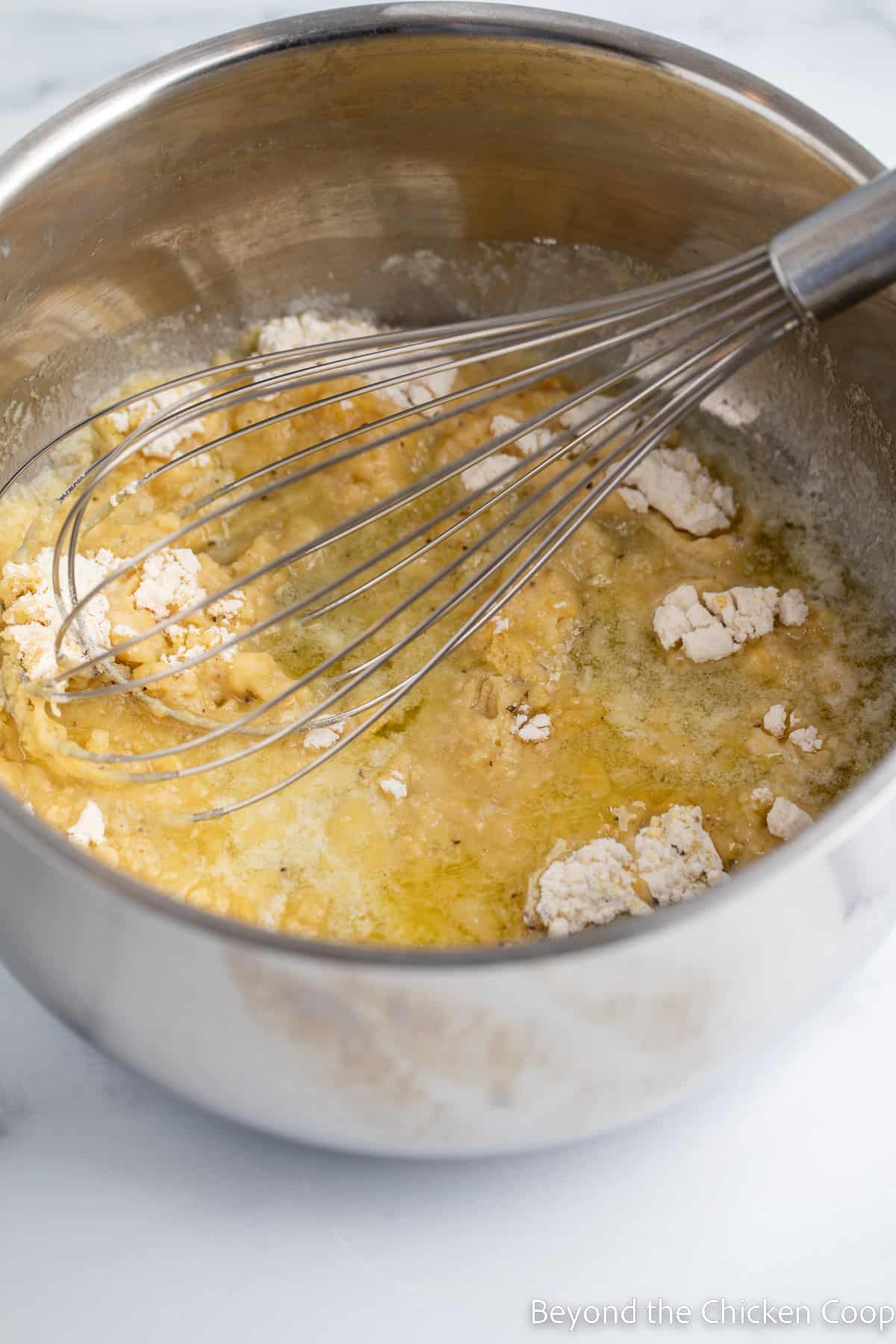 Making a roux in a saucepan. 