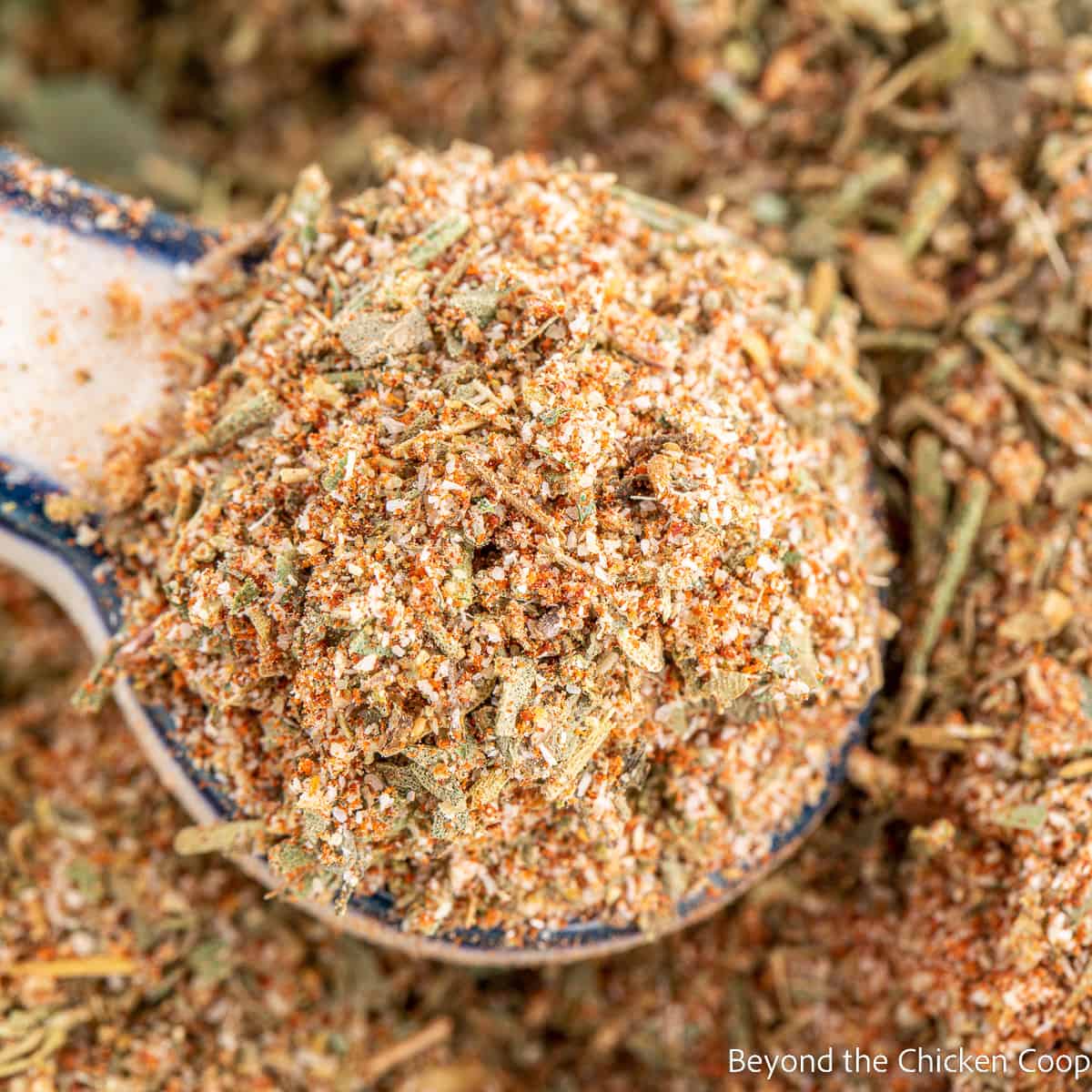 A teaspoon overfilled with a spice blend.