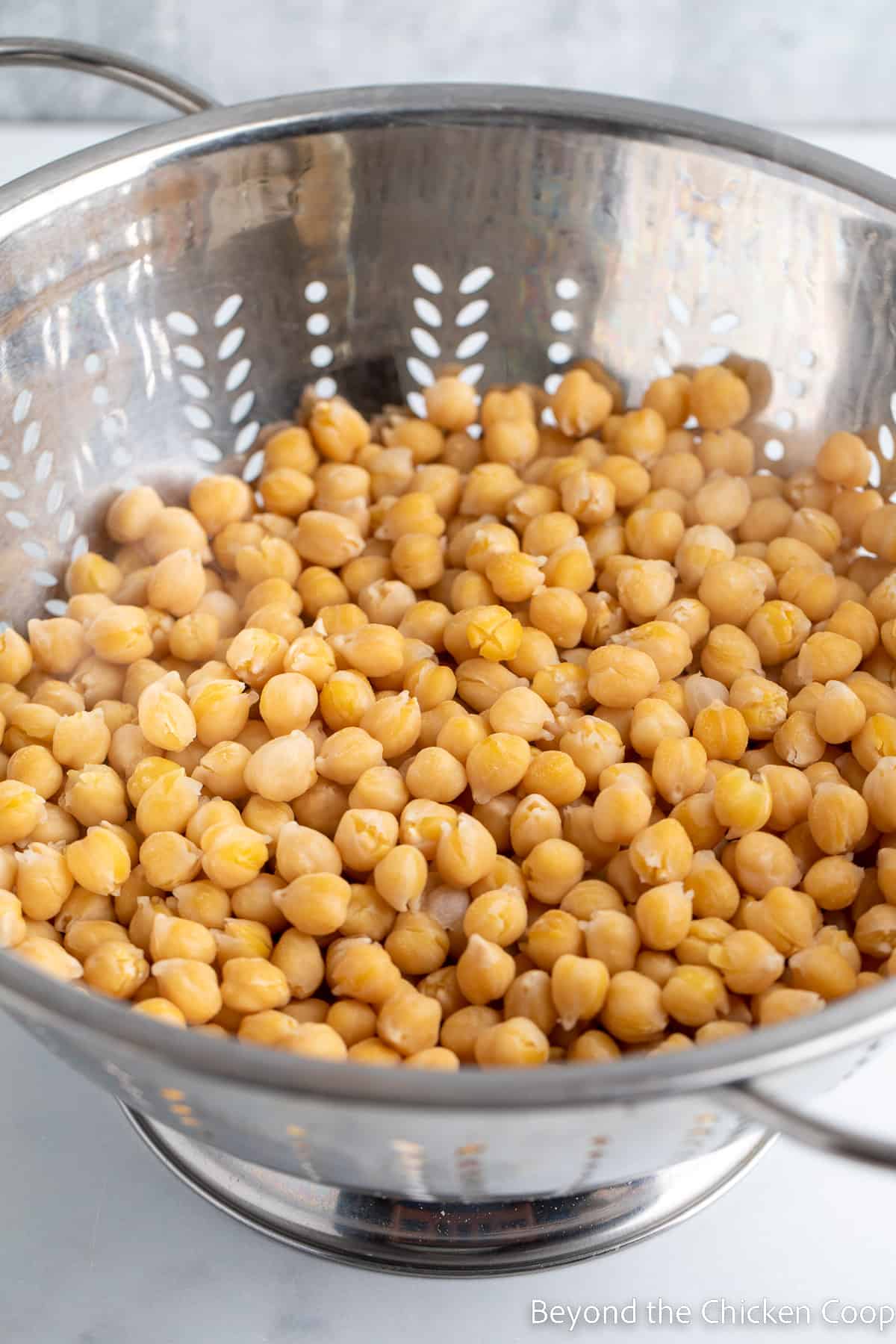 A colander filled with chickpeas. 