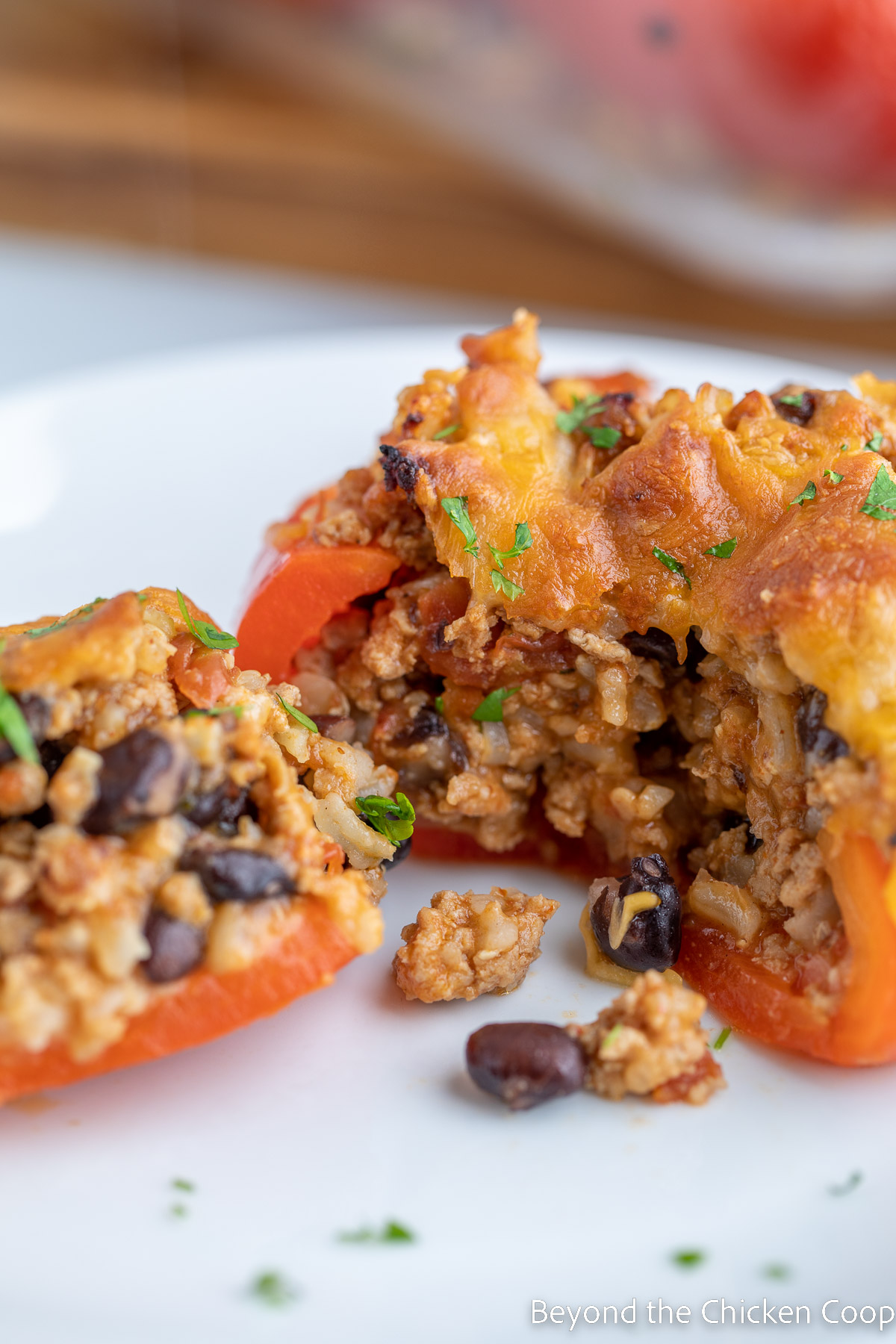 Stuffed bell pepper with black beans and rice.