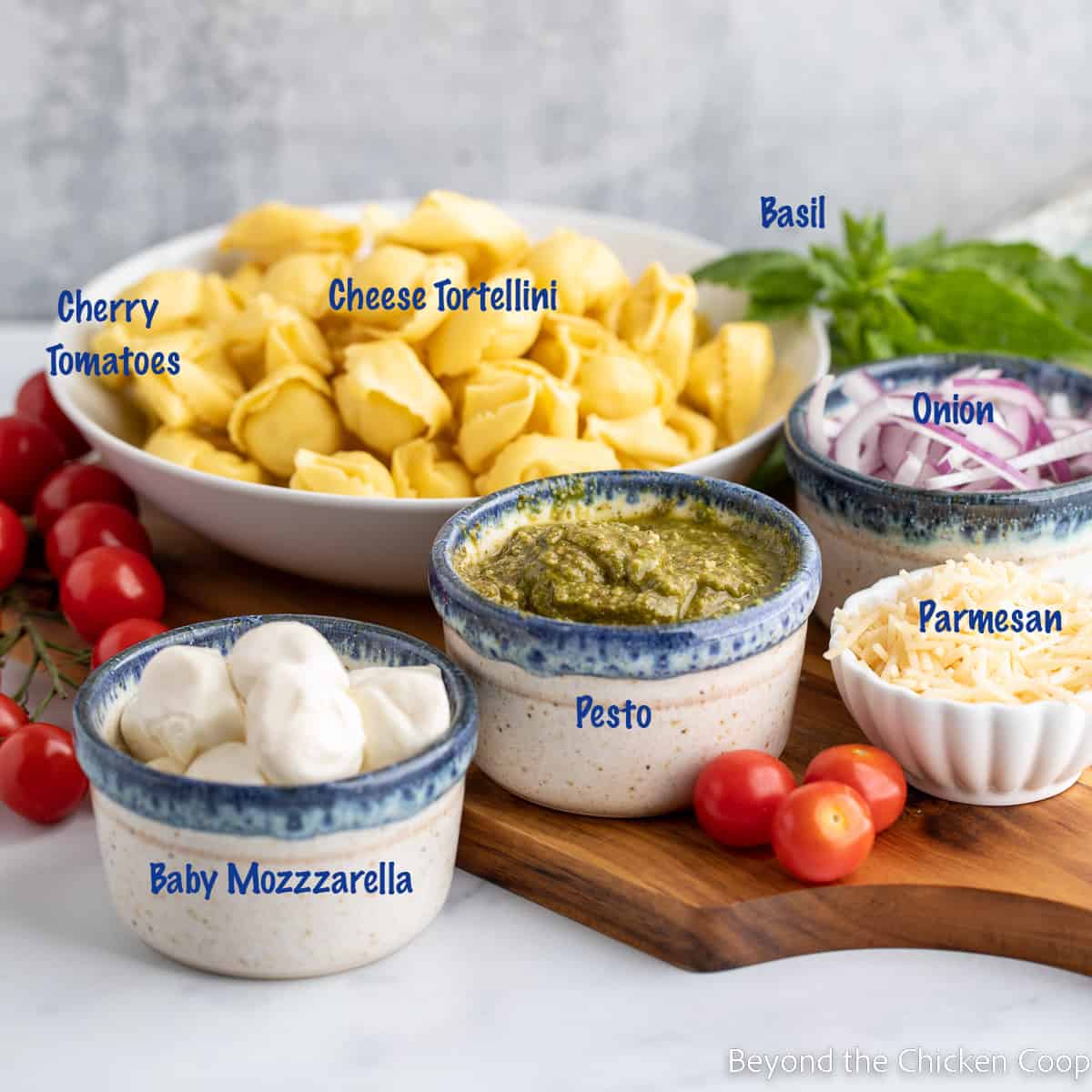 Ingredients for making a pasta salad. 