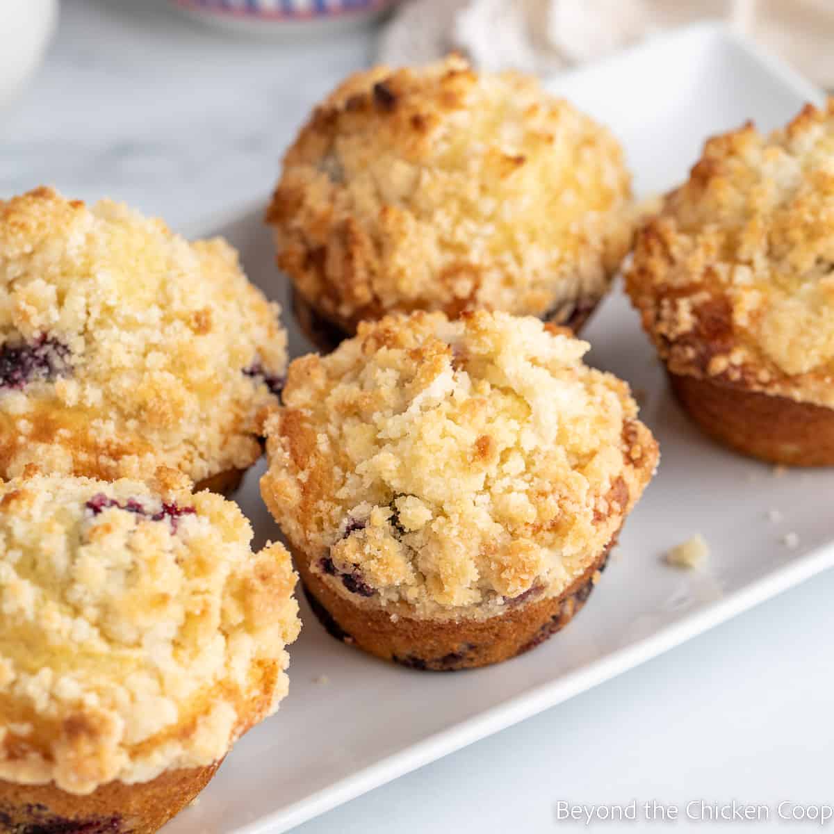 A white platter filled with berry muffins with a crumbly topping.