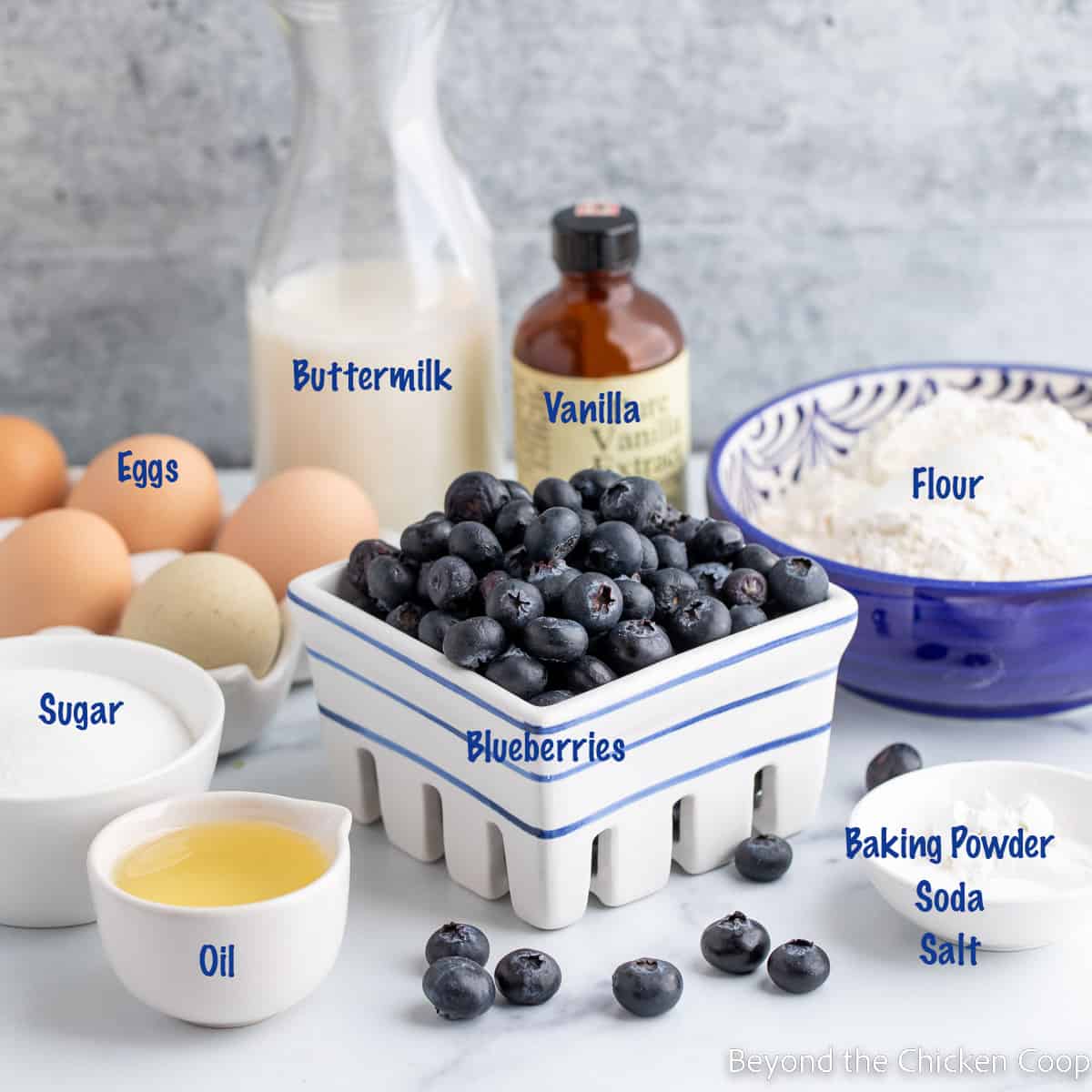 Ingredients for making blueberry muffins. 