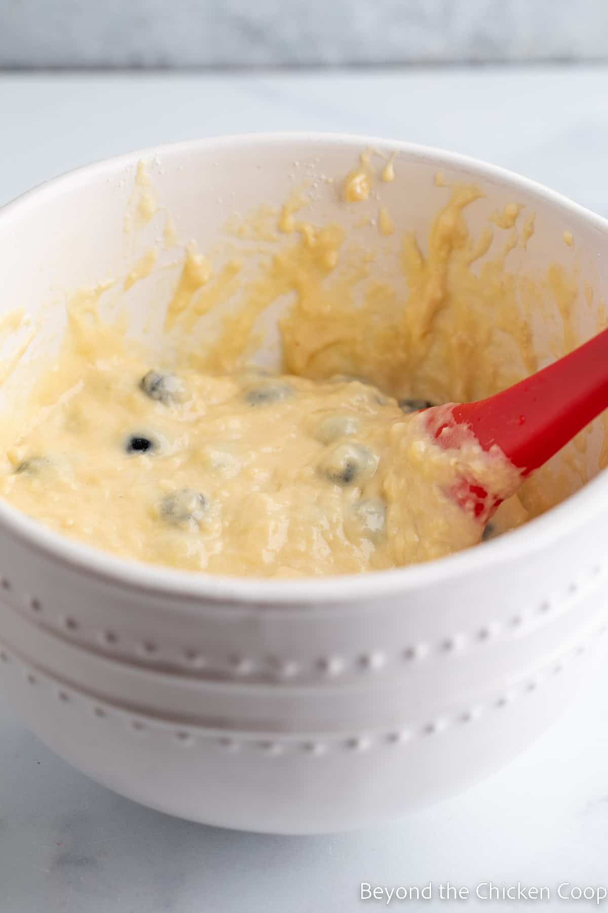 Blueberry muffin batter in a bowl. 