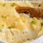 A casserole dish filled with mashed potatoes.
