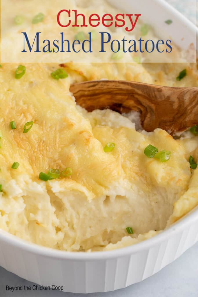 A casserole dish filled with mashed potatoes.