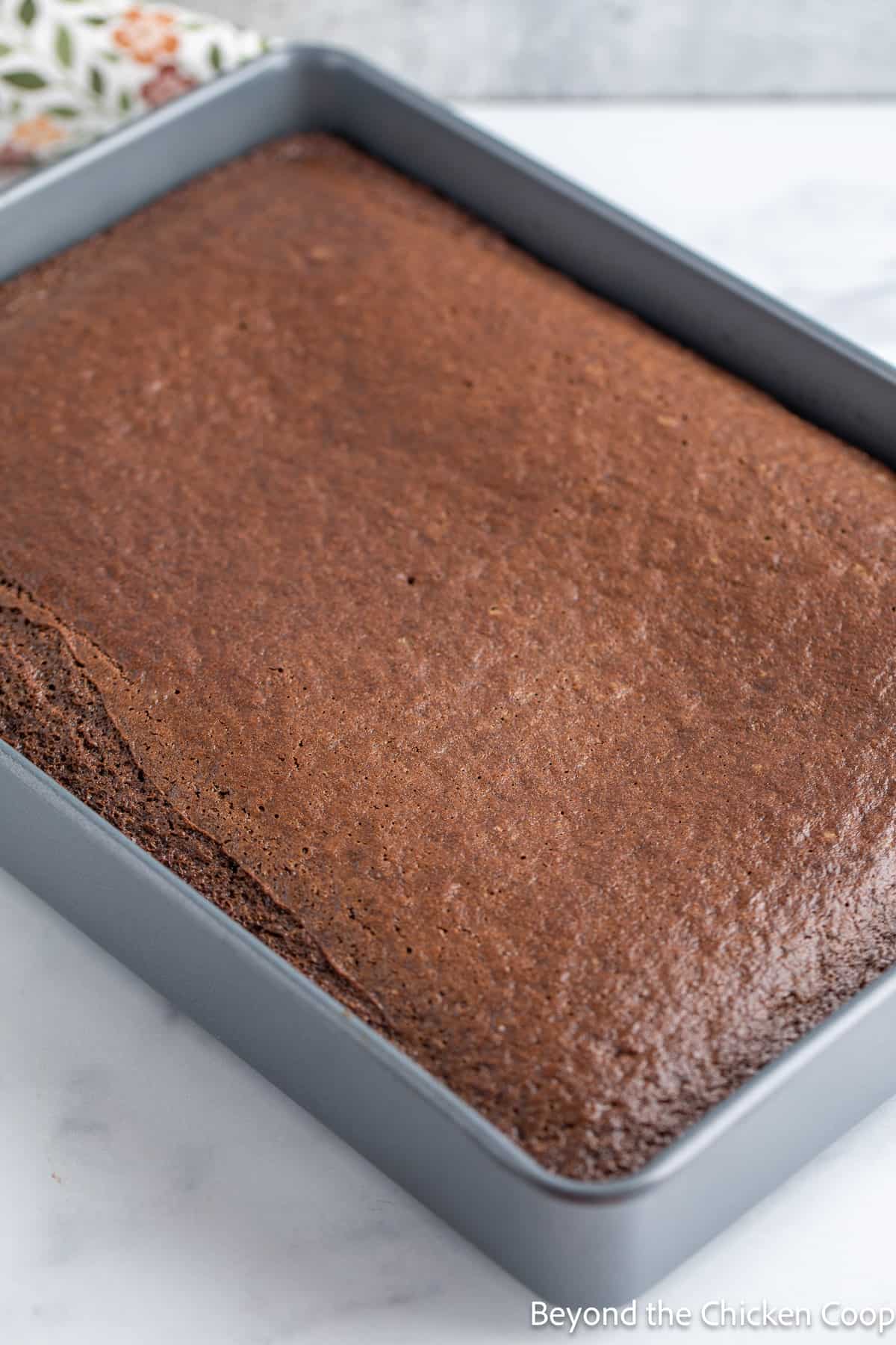 A baked chocolate cake in a pan. 