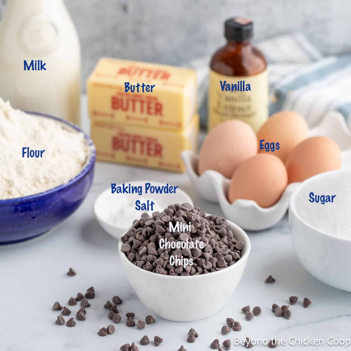 Ingredients for making chocolate chip cupcakes. 