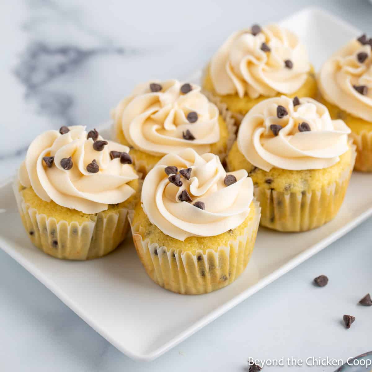 A white platter filled with cupcakes with white frosting and chocolate chips. 