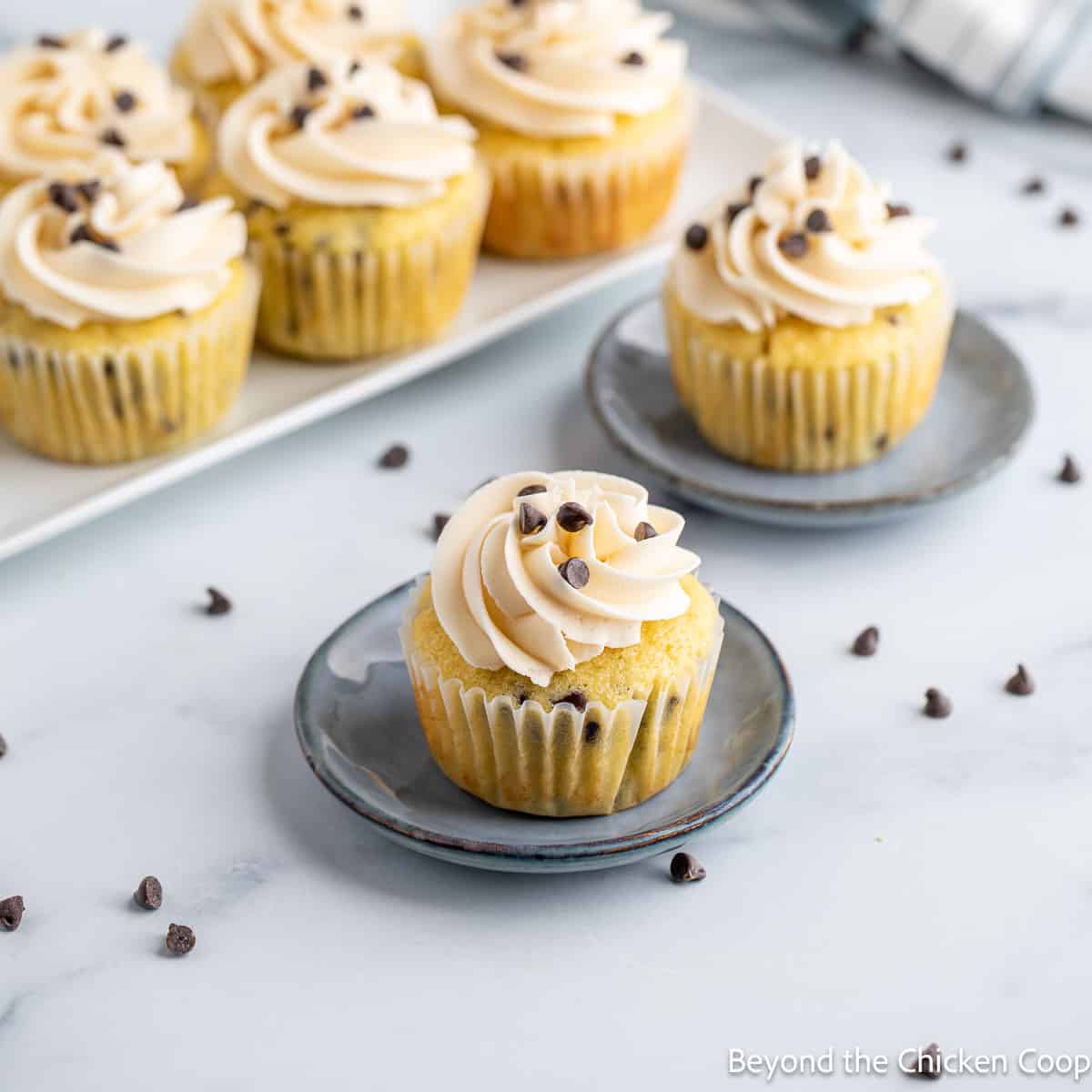 Cupcakes topped with mini chocolate chips on small blue plates.