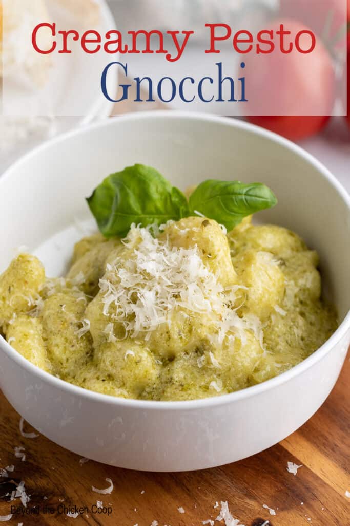A bowl with gnocchi topped with parmesan cheese and a basil leaf.