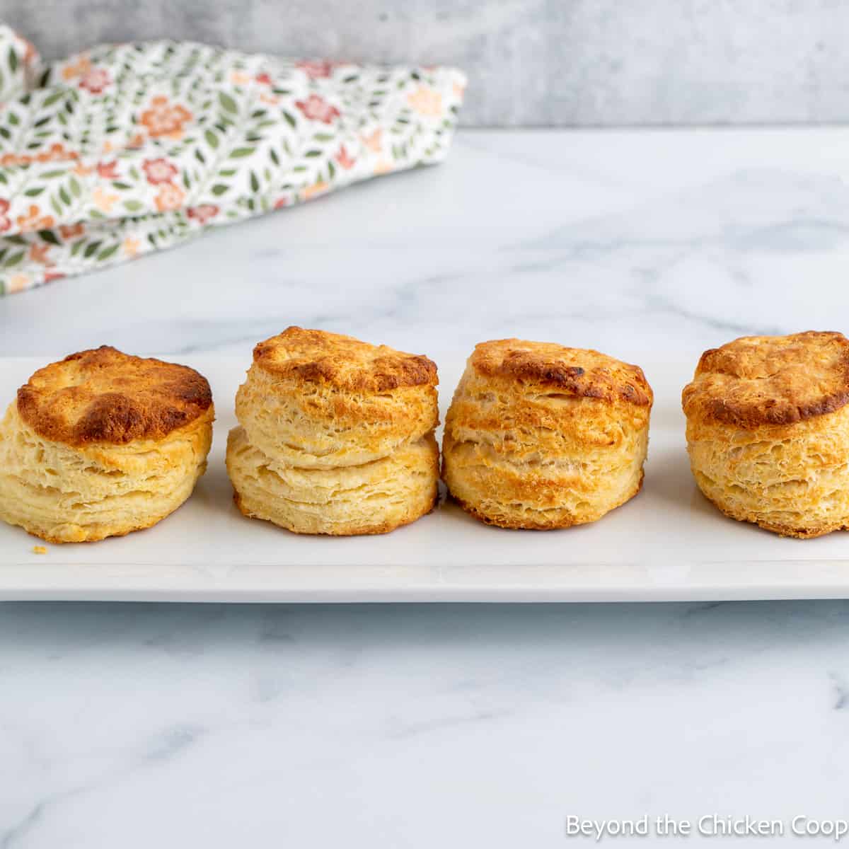 Four buttermilk biscuits on a white platter. 