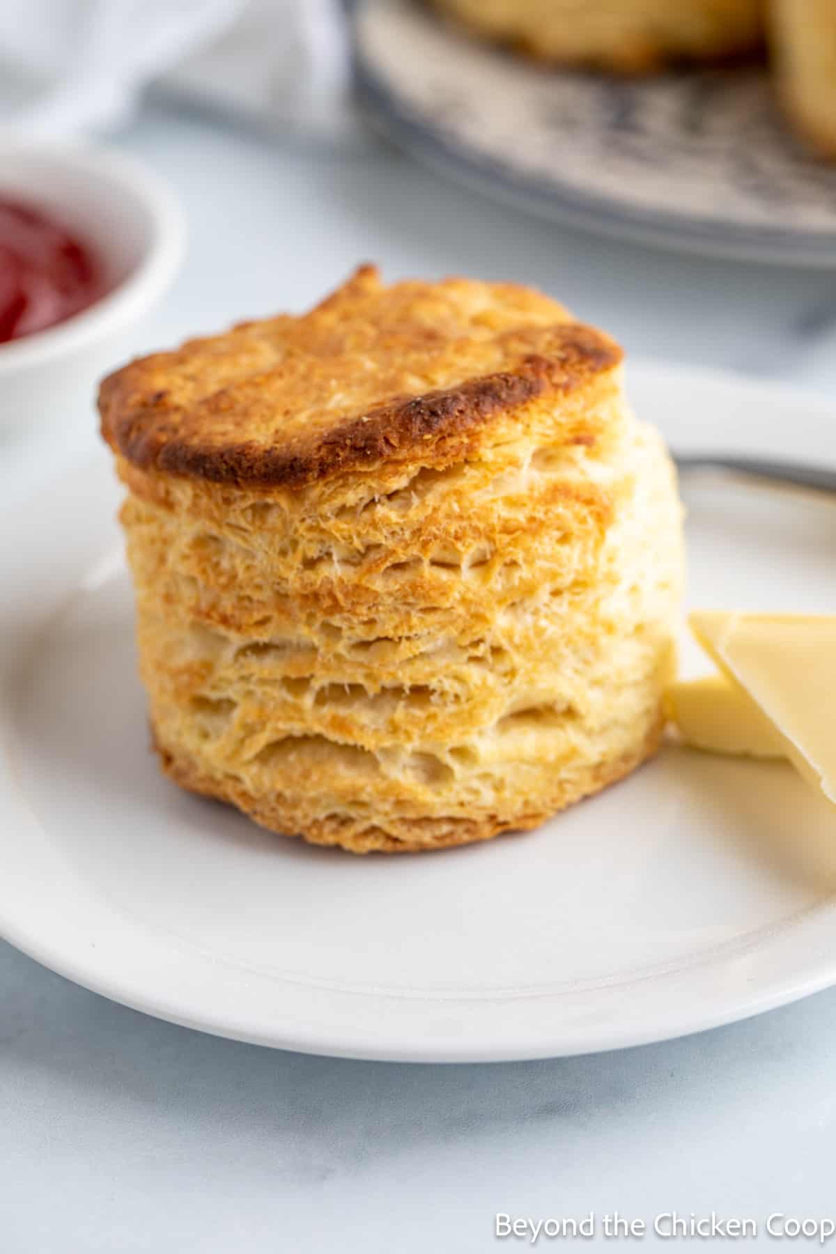 A buttermilk biscuit on a plate with two pats of butter. 