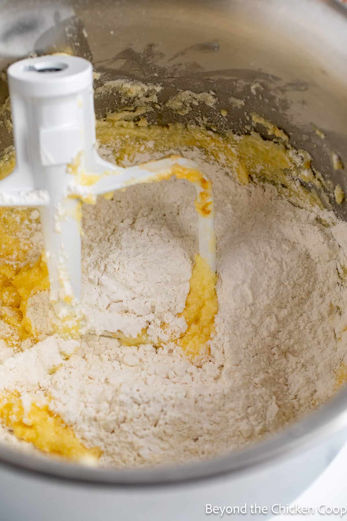 Flour added to cake batter. 