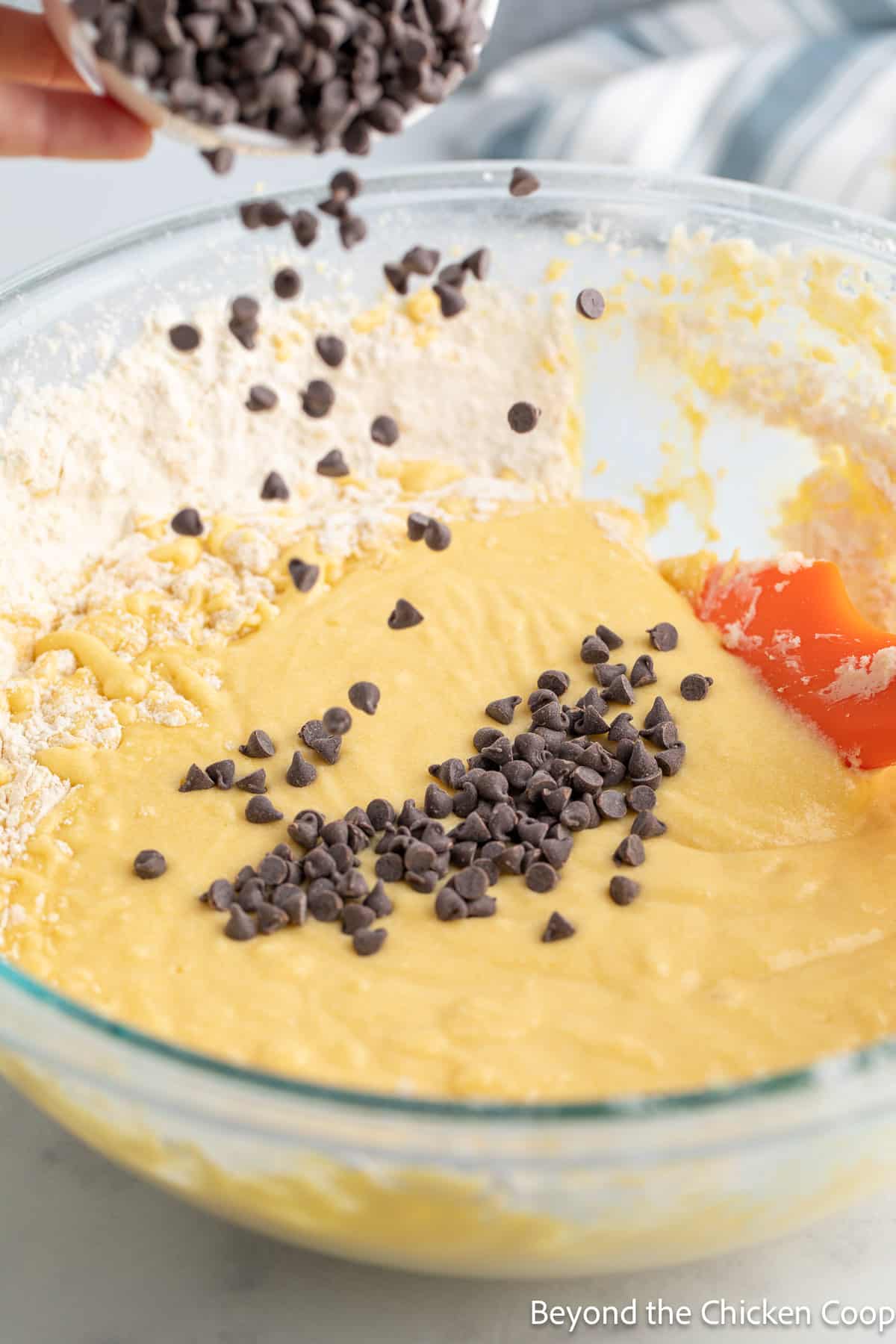 Folding chocolate chips into cake batter. 