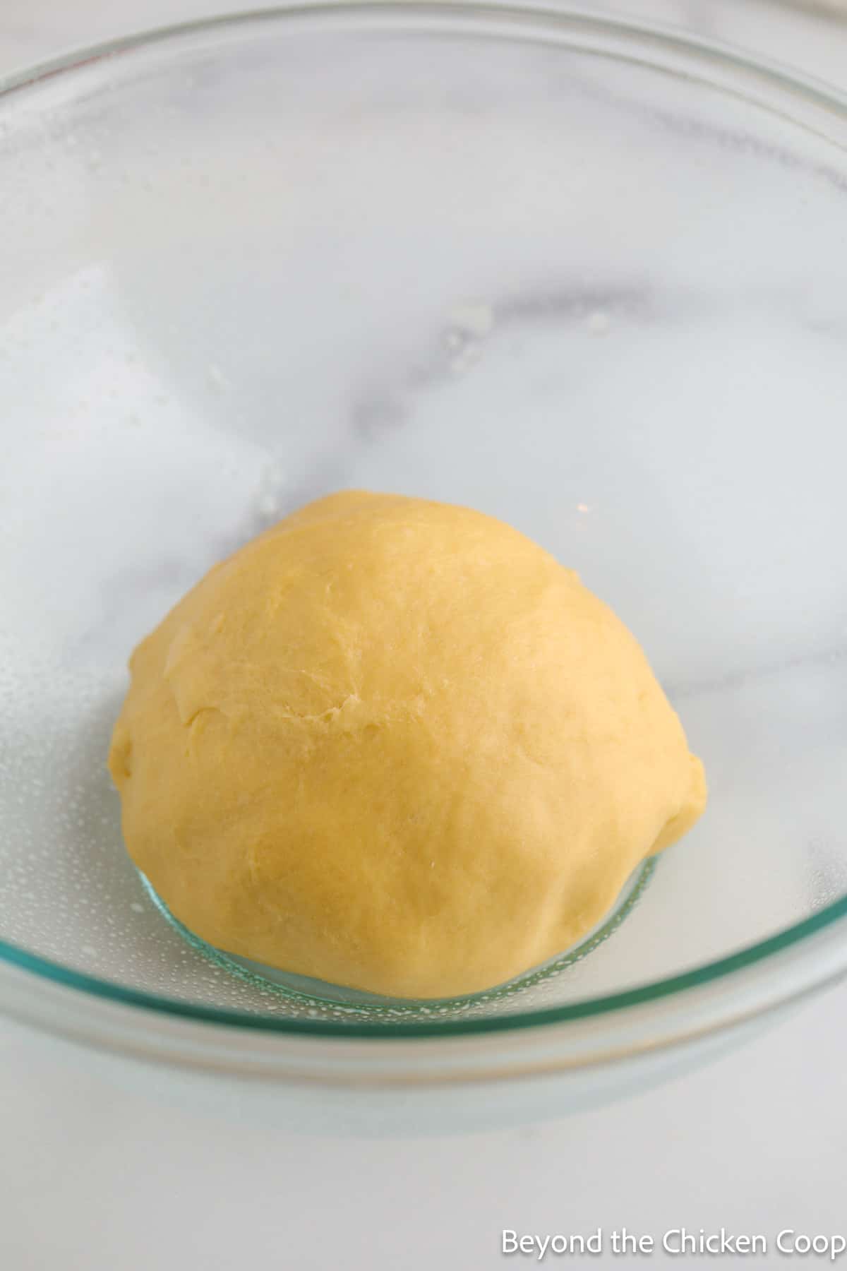 Bread dough in a glass bowl. 